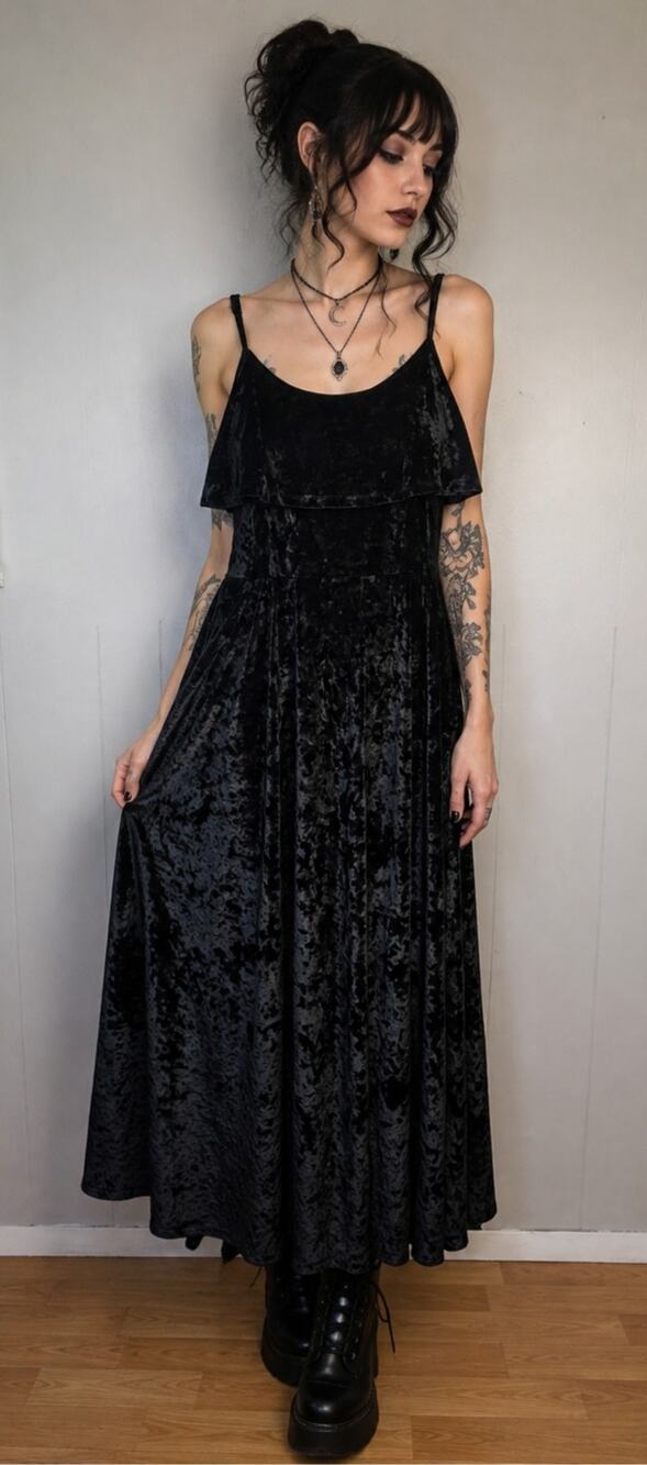 Who What Wear Maxi Dress Medium Black Crushed Velvet Whimsigoth Gothic Romantic